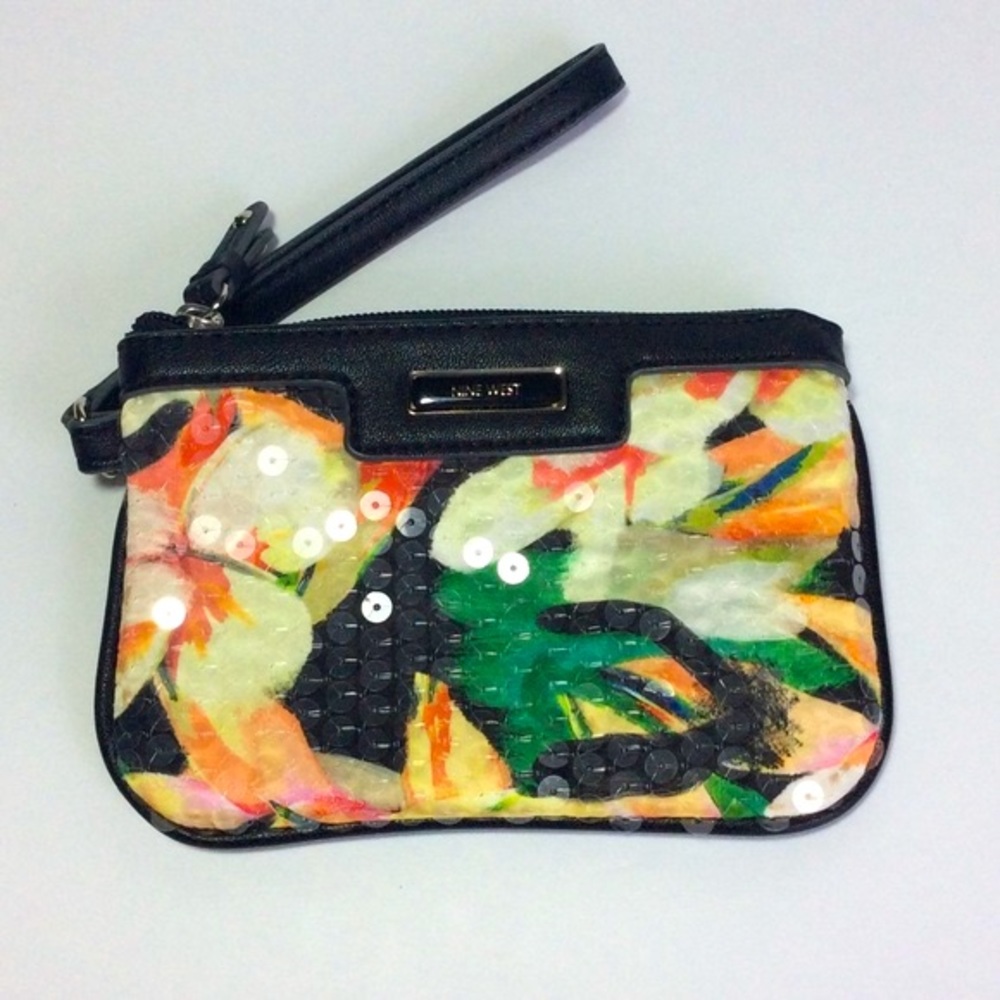 Nine West Sequined Tropical Flowers Wristlet Black  White Orange Lined NWOT
